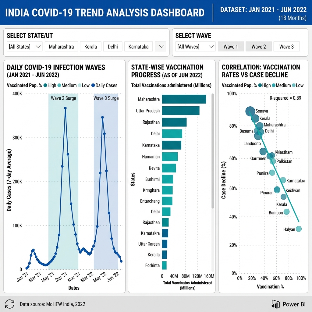 COVID-19 Trend Analysis in India — Power BI dashboard with infection waves and vaccination trends
