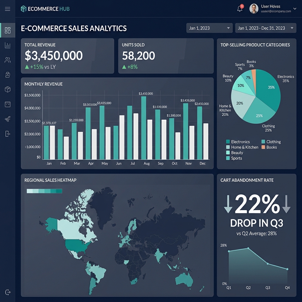 E-Commerce Sales Dashboard — Tableau visualization showing monthly revenue, top categories, and regional sales