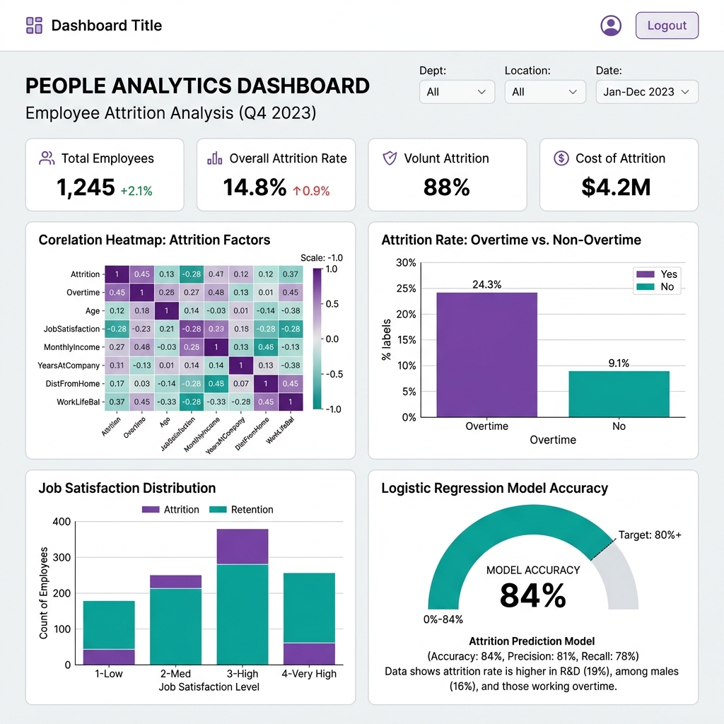HR Attrition Analysis — Seaborn visualizations showing attrition predictors and logistic regression results